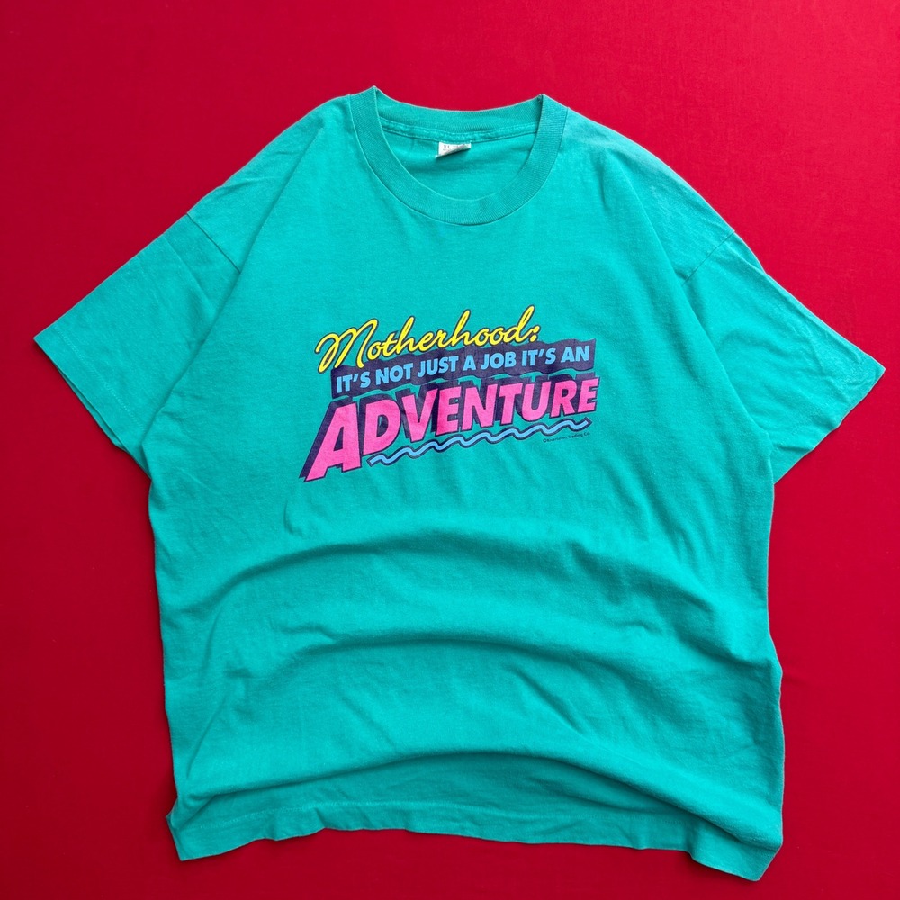 Vintage Fruit of the Loom Motherhood Adventure Graphic T-Shirt XL Teal Green USA